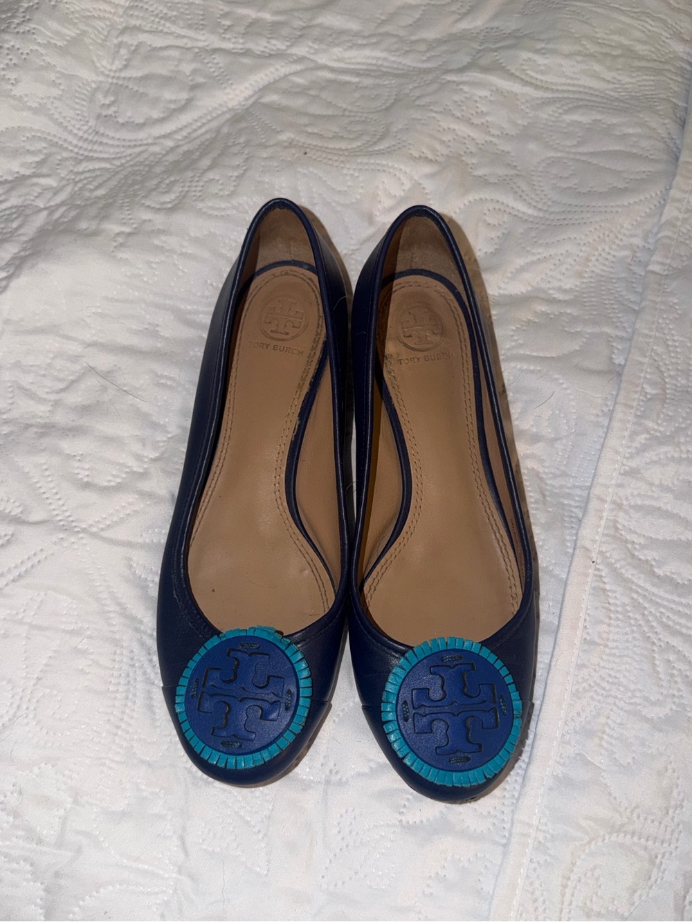 Tory Burch Navy Leather Ballet Flats with Teal Logo Medallion